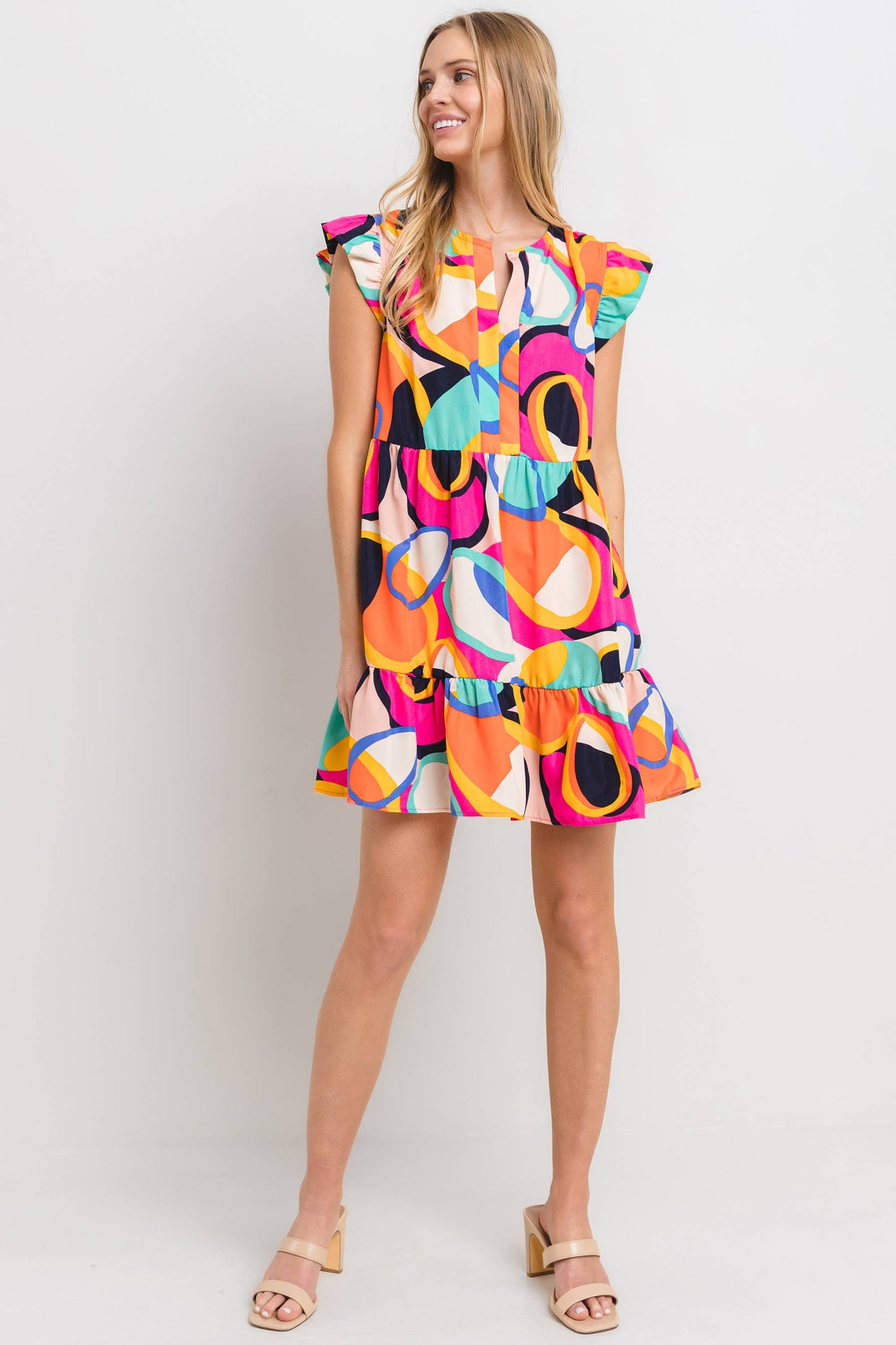 Ces Femme - Geometric Print Tiered Mini Dress / DLU51342PA: S-M-L (2-2-2) / FUCHSIA MULTI