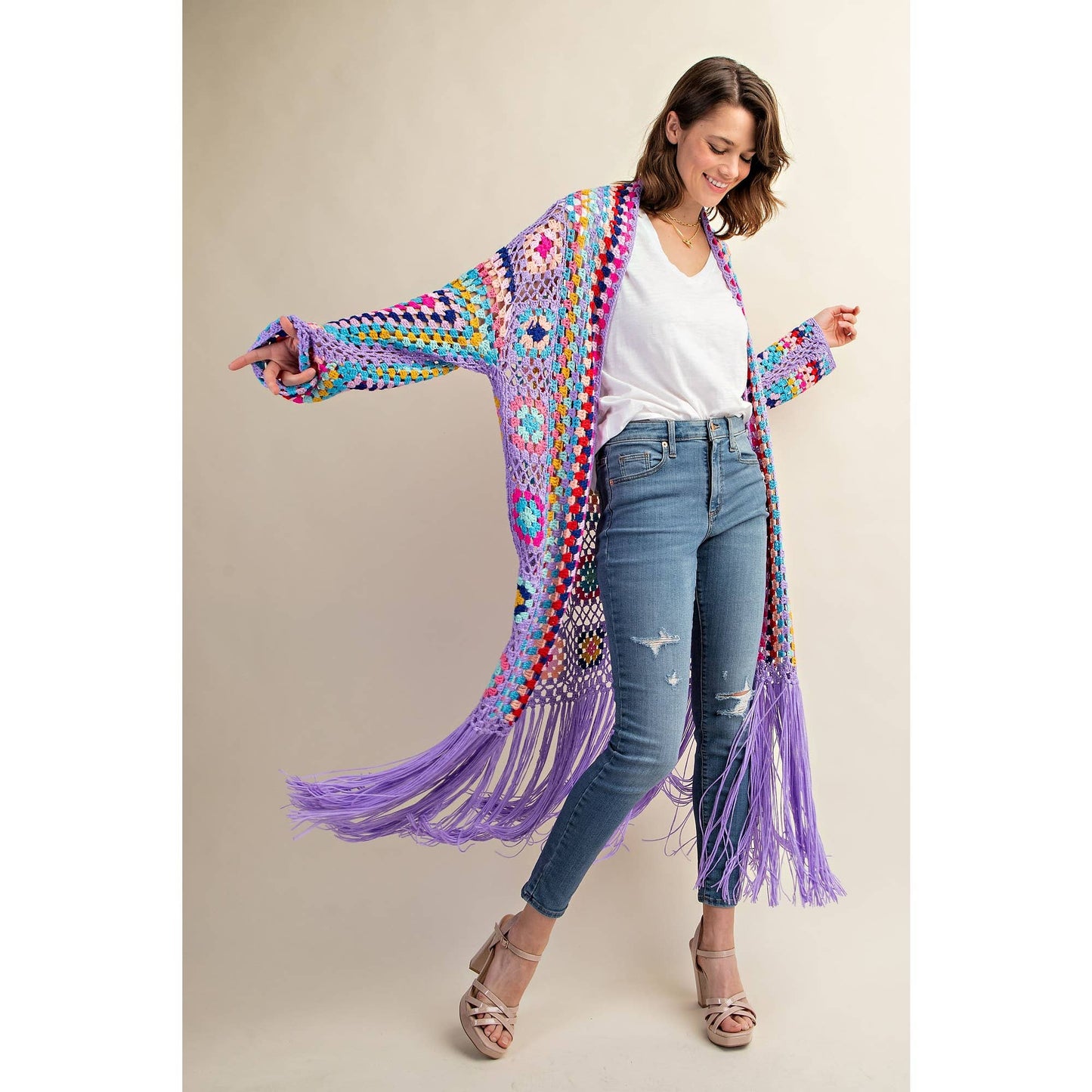 Sweet Generis - COLORFUL CROCHET FRINGE CARDIGAN DUSTER: Lavender