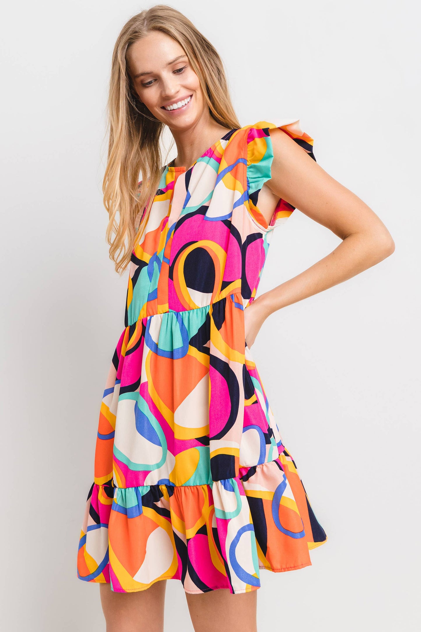 Ces Femme - Geometric Print Tiered Mini Dress / DLU51342PA: S-M-L (2-2-2) / FUCHSIA MULTI