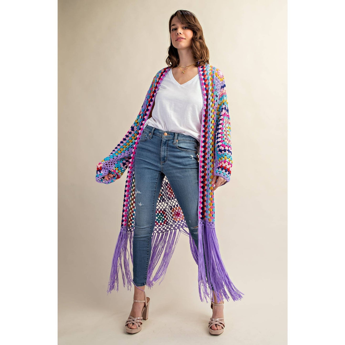 Sweet Generis - COLORFUL CROCHET FRINGE CARDIGAN DUSTER: Lavender