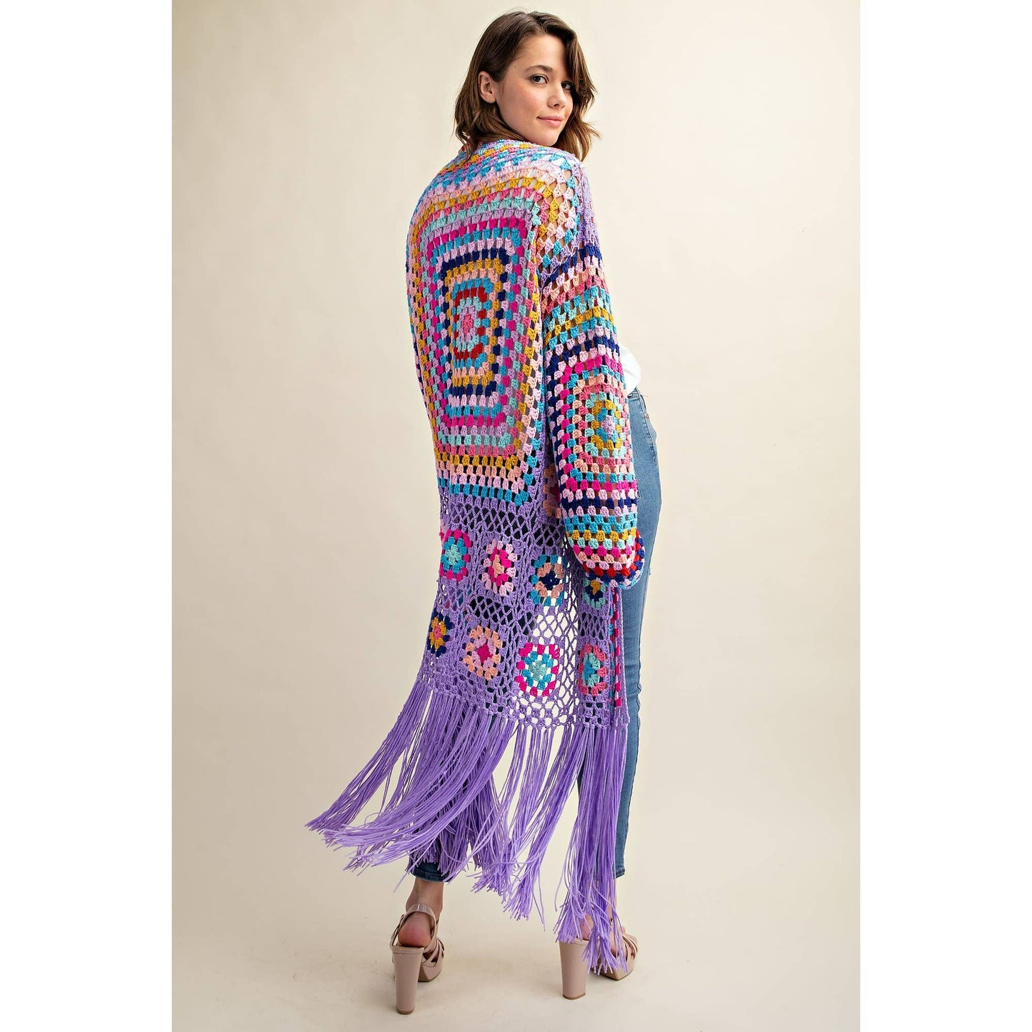 Sweet Generis - COLORFUL CROCHET FRINGE CARDIGAN DUSTER: Lavender