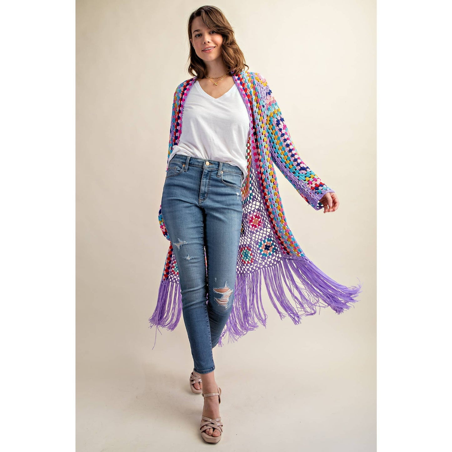 Sweet Generis - COLORFUL CROCHET FRINGE CARDIGAN DUSTER: Lavender