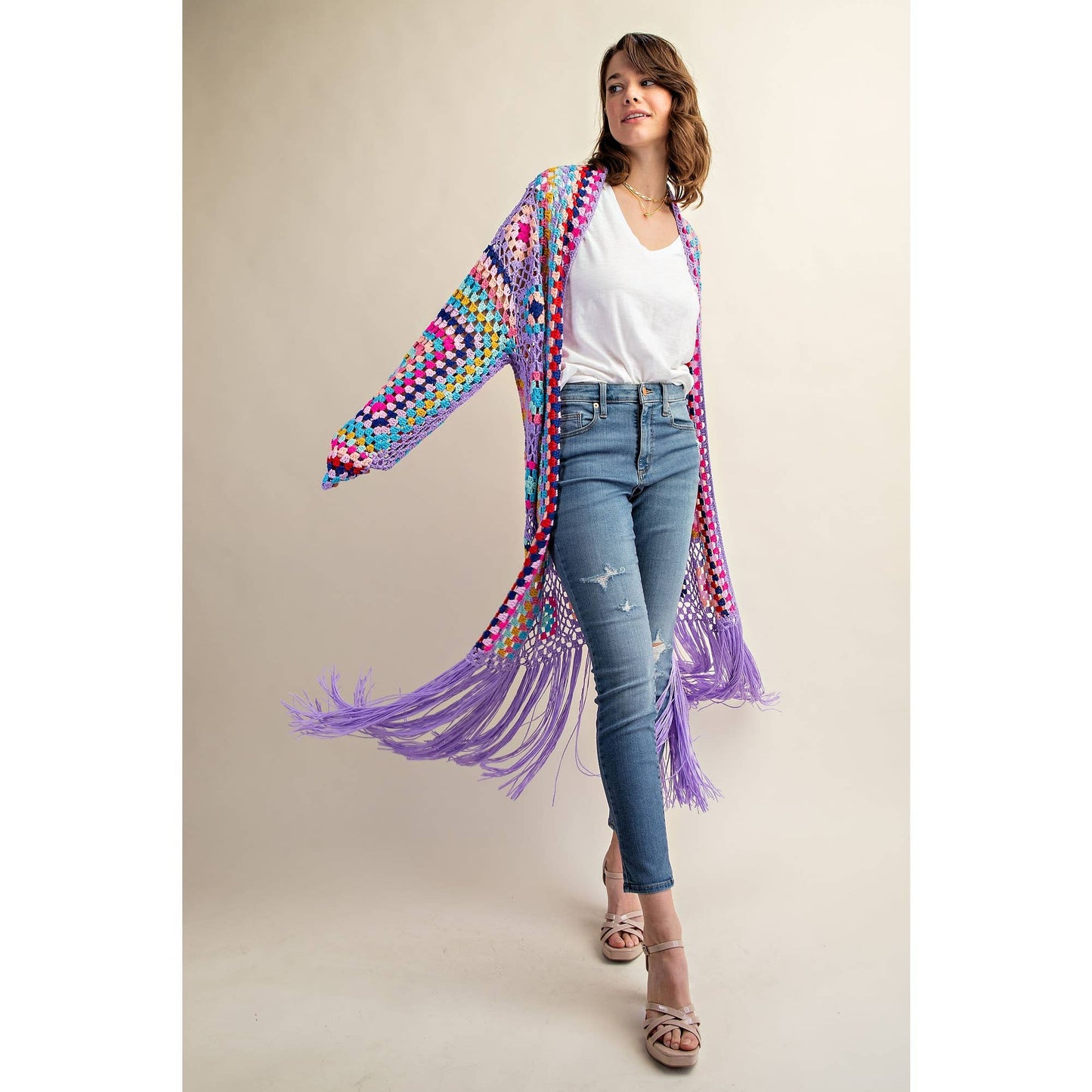 Sweet Generis - COLORFUL CROCHET FRINGE CARDIGAN DUSTER: Lavender