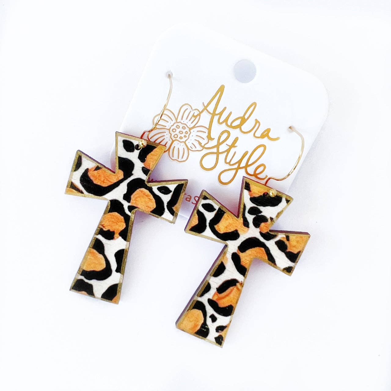 Audra Style - Cross Dangle Earring- Leopard Print-Religious