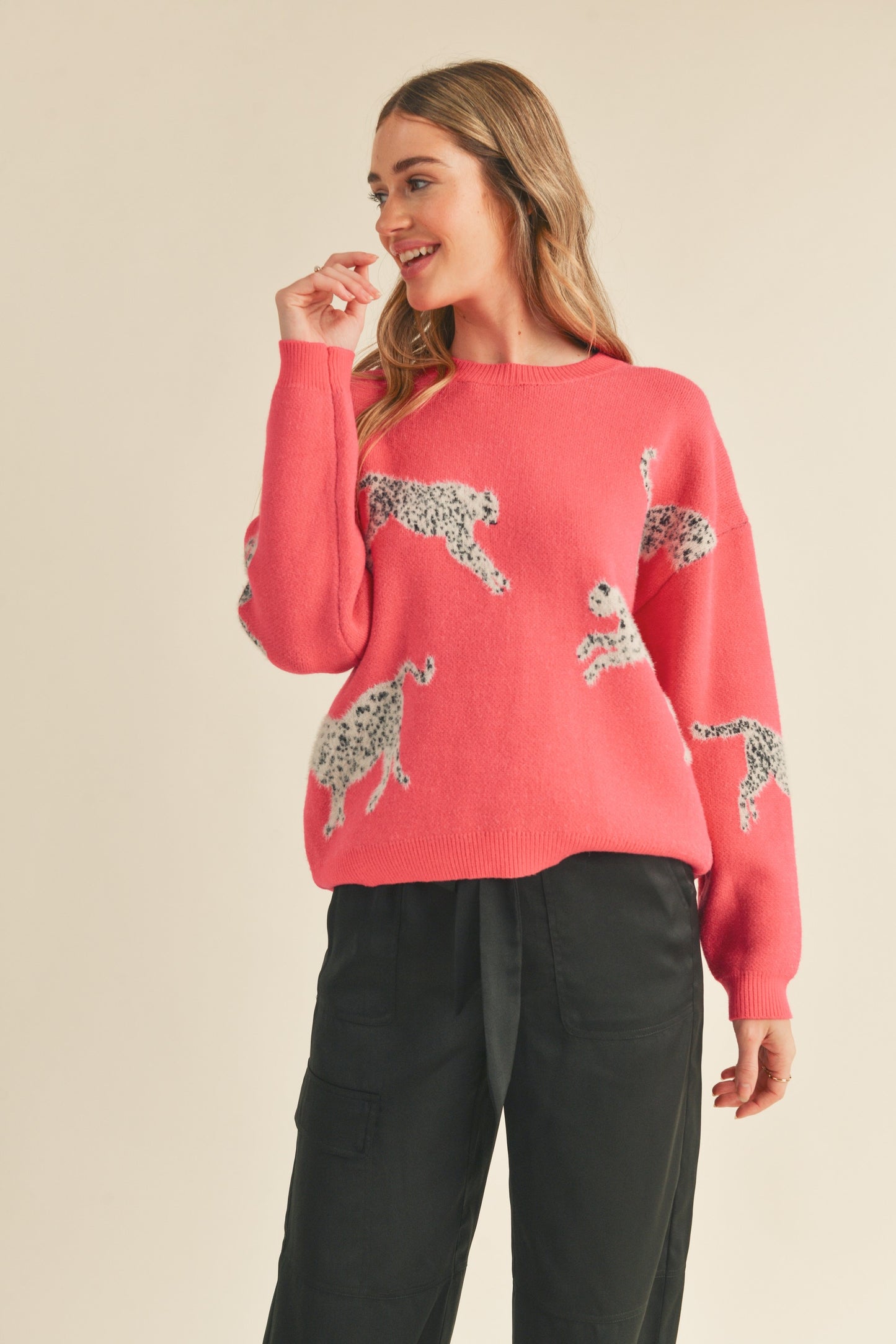 leopard print sweater in electric fuchsia