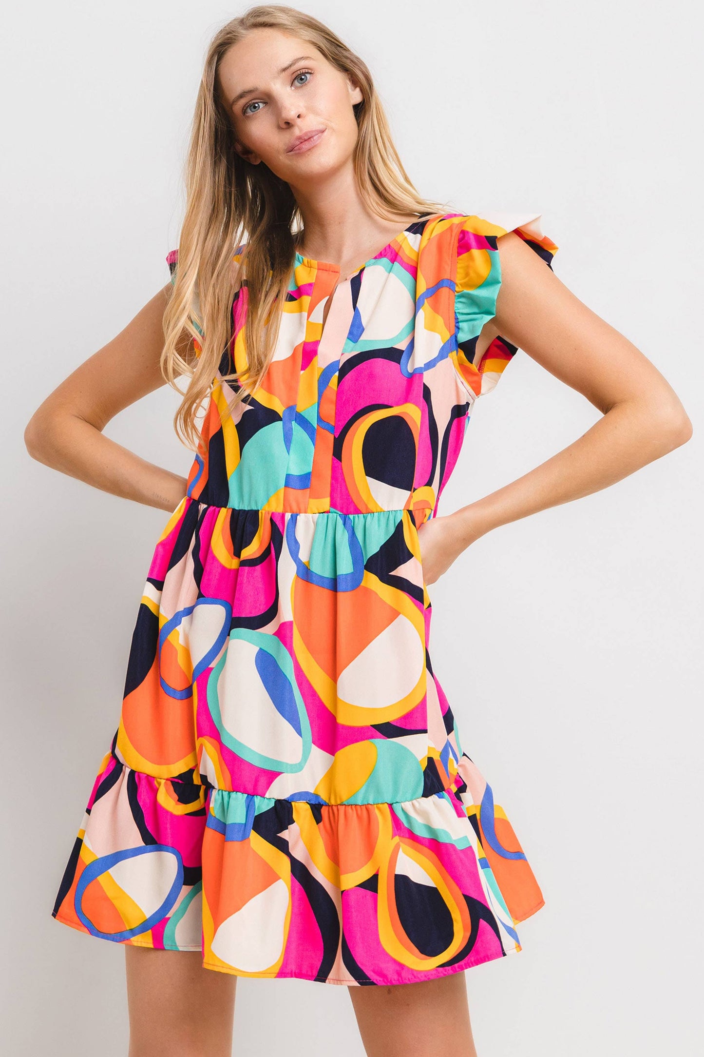 Ces Femme - Geometric Print Tiered Mini Dress / DLU51342PA: S-M-L (2-2-2) / FUCHSIA MULTI