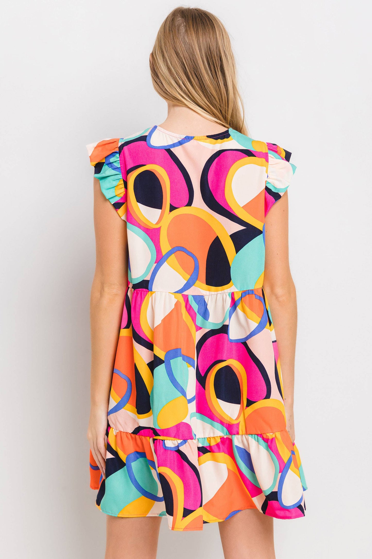 Ces Femme - Geometric Print Tiered Mini Dress / DLU51342PA: S-M-L (2-2-2) / FUCHSIA MULTI