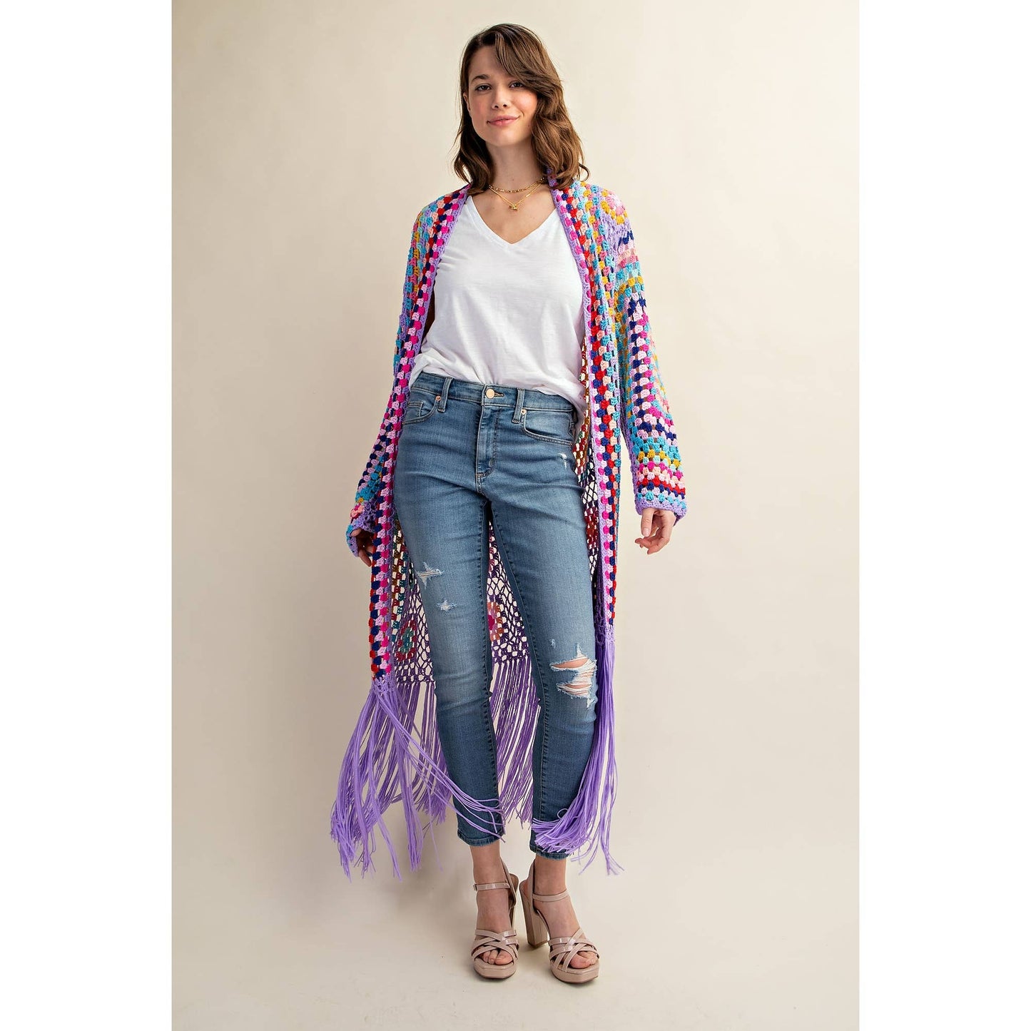 Sweet Generis - COLORFUL CROCHET FRINGE CARDIGAN DUSTER: Lavender