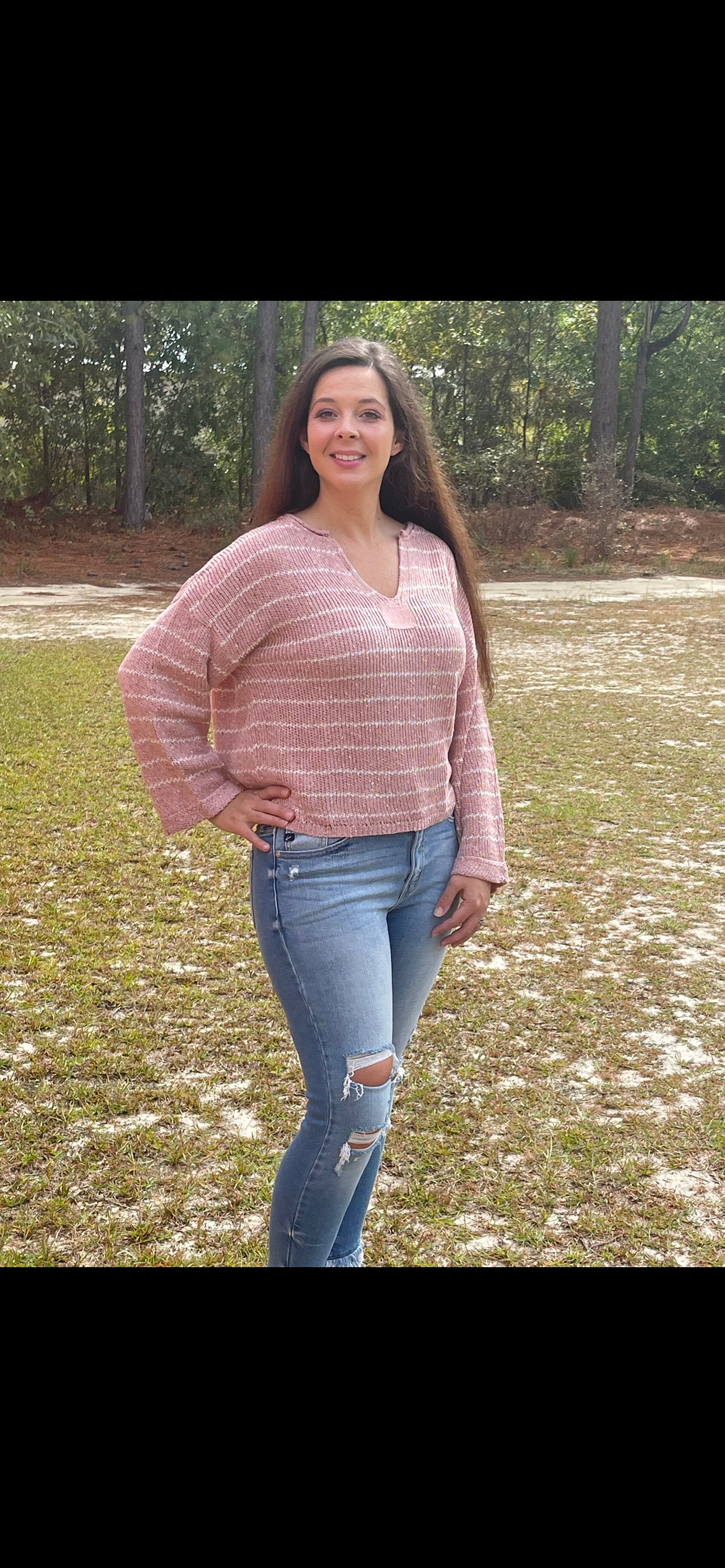 Striped Drop Shoulder Knit Sweater - Mauve