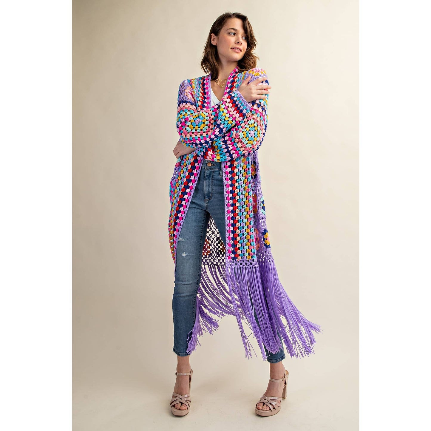 Sweet Generis - COLORFUL CROCHET FRINGE CARDIGAN DUSTER: Lavender