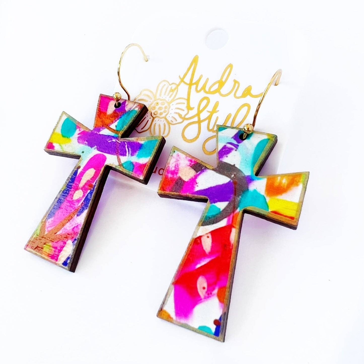 Audra Style - Cross Dangle Earring- Abstract Print-Religious