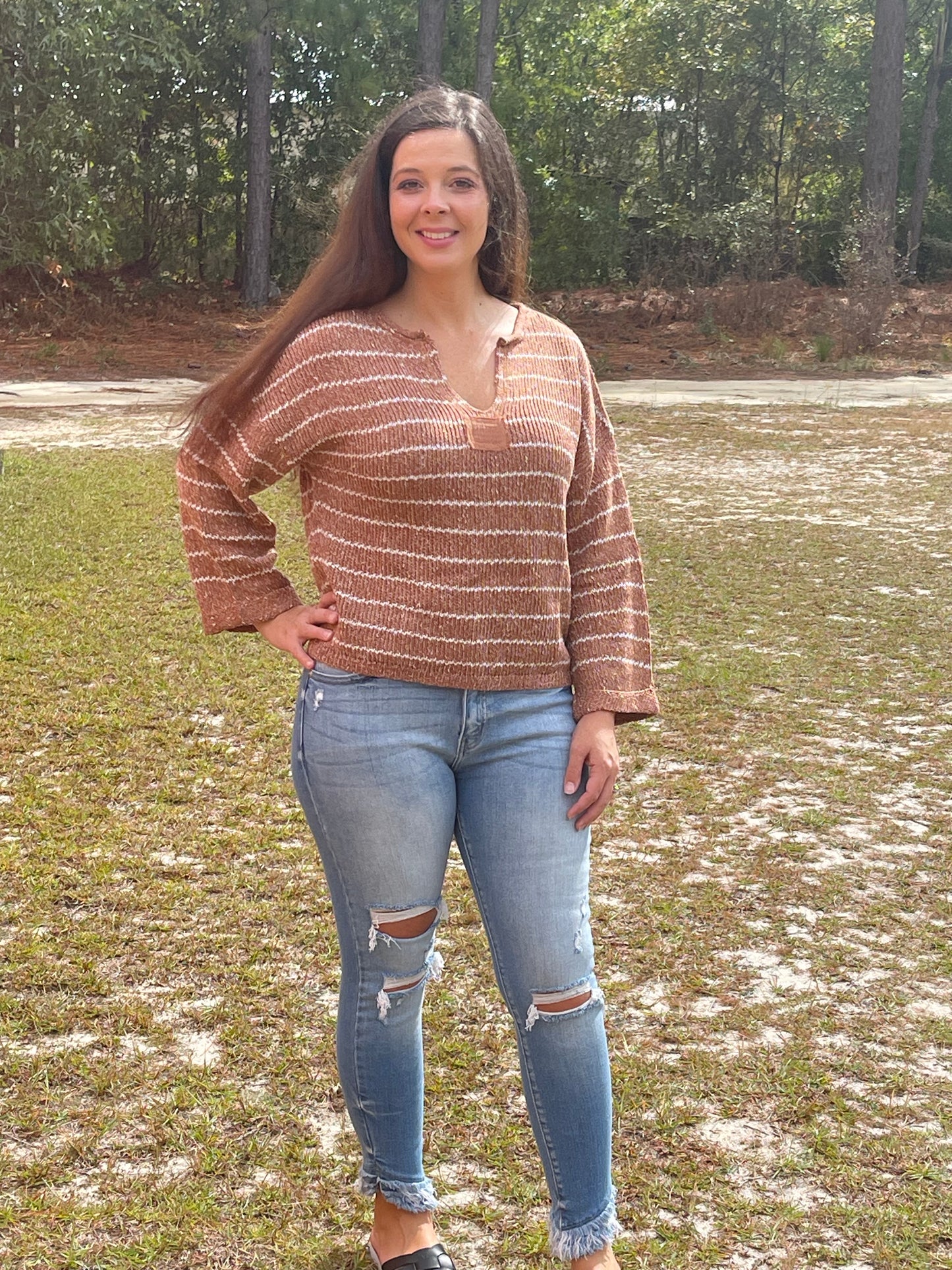 Striped Drop Shoulder Knit Sweater - Sienna