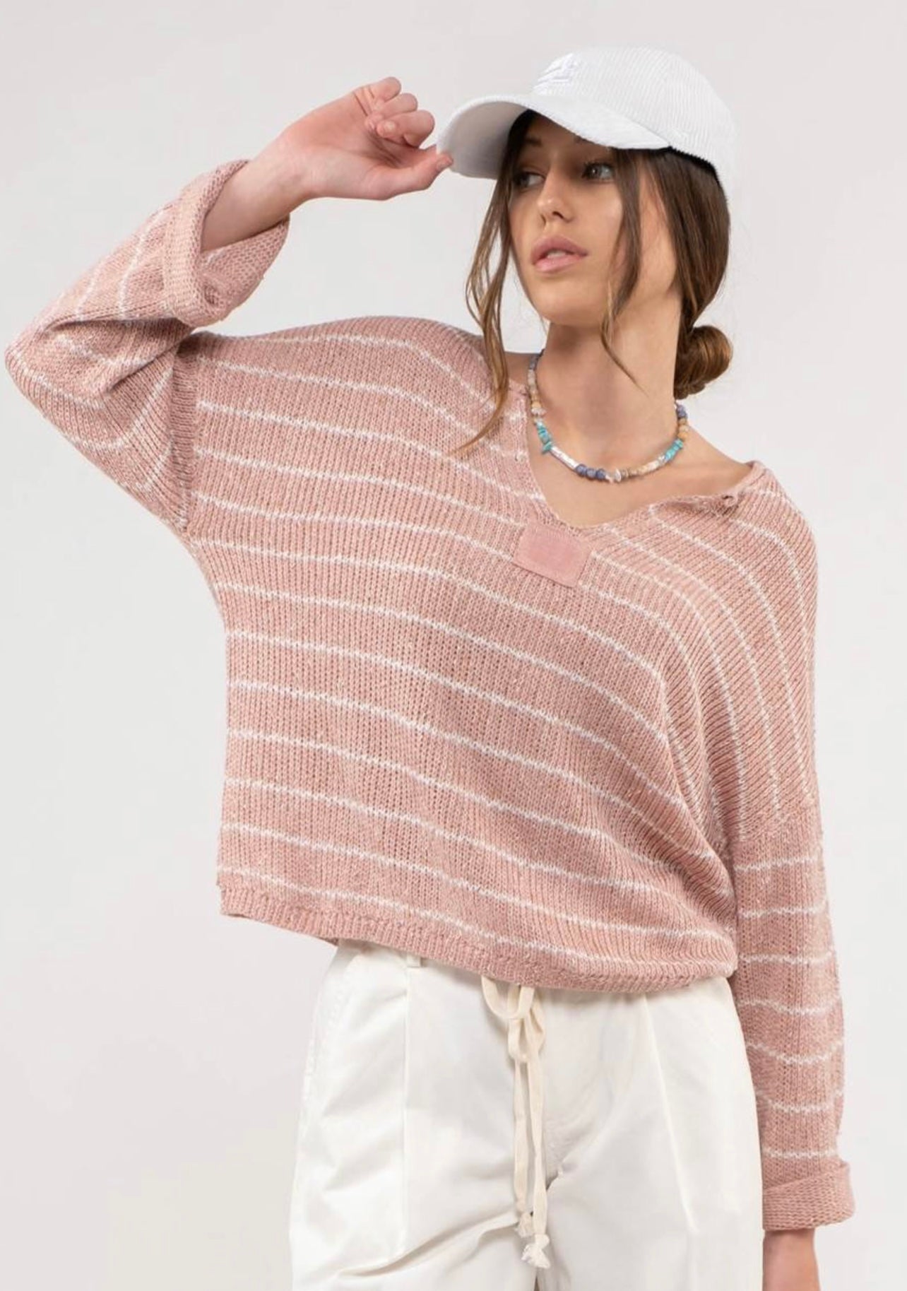 Striped Drop Shoulder Knit Sweater - Mauve