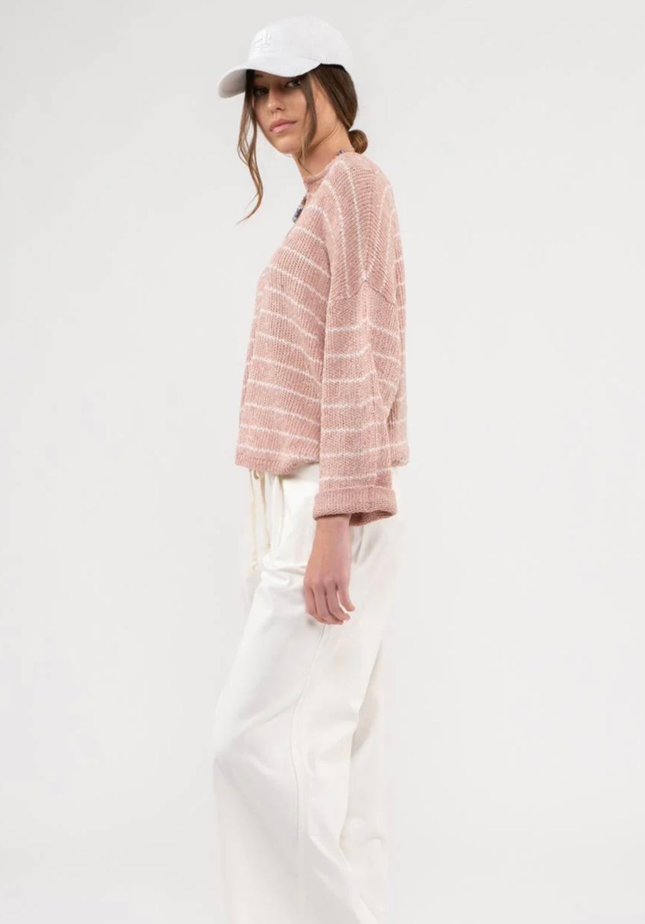 Striped Drop Shoulder Knit Sweater - Mauve