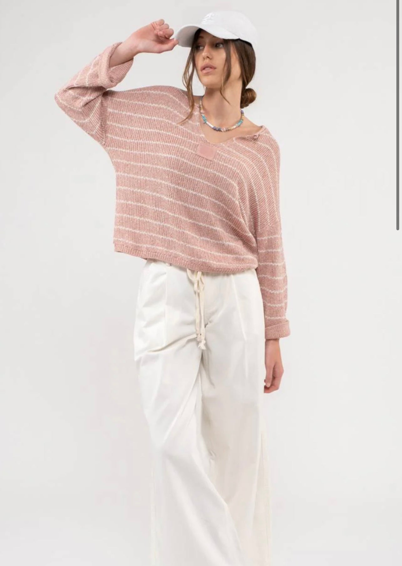 Striped Drop Shoulder Knit Sweater - Mauve