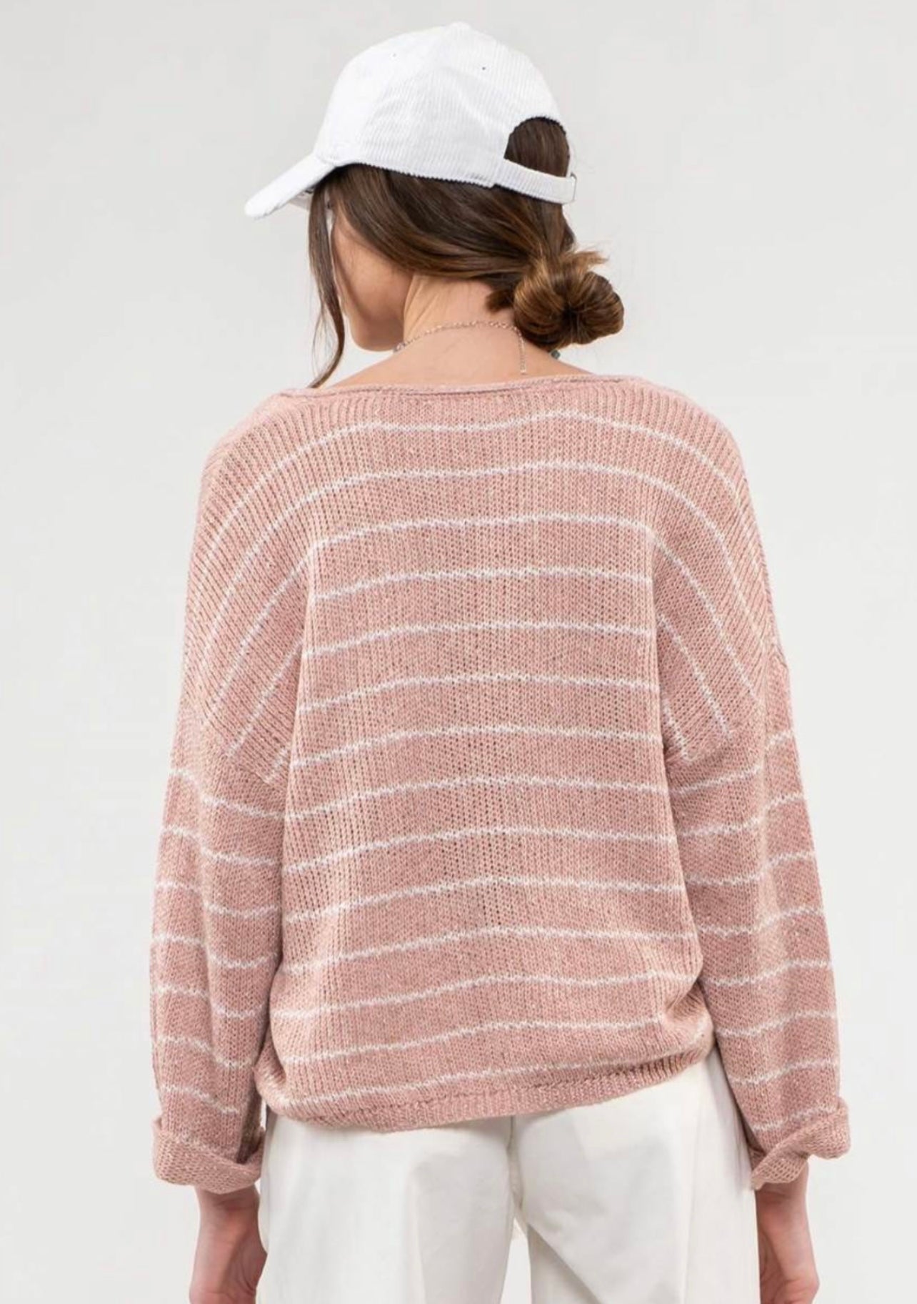 Striped Drop Shoulder Knit Sweater - Mauve