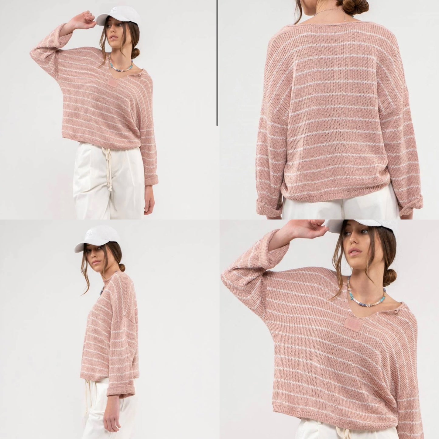 Striped Drop Shoulder Knit Sweater - Mauve