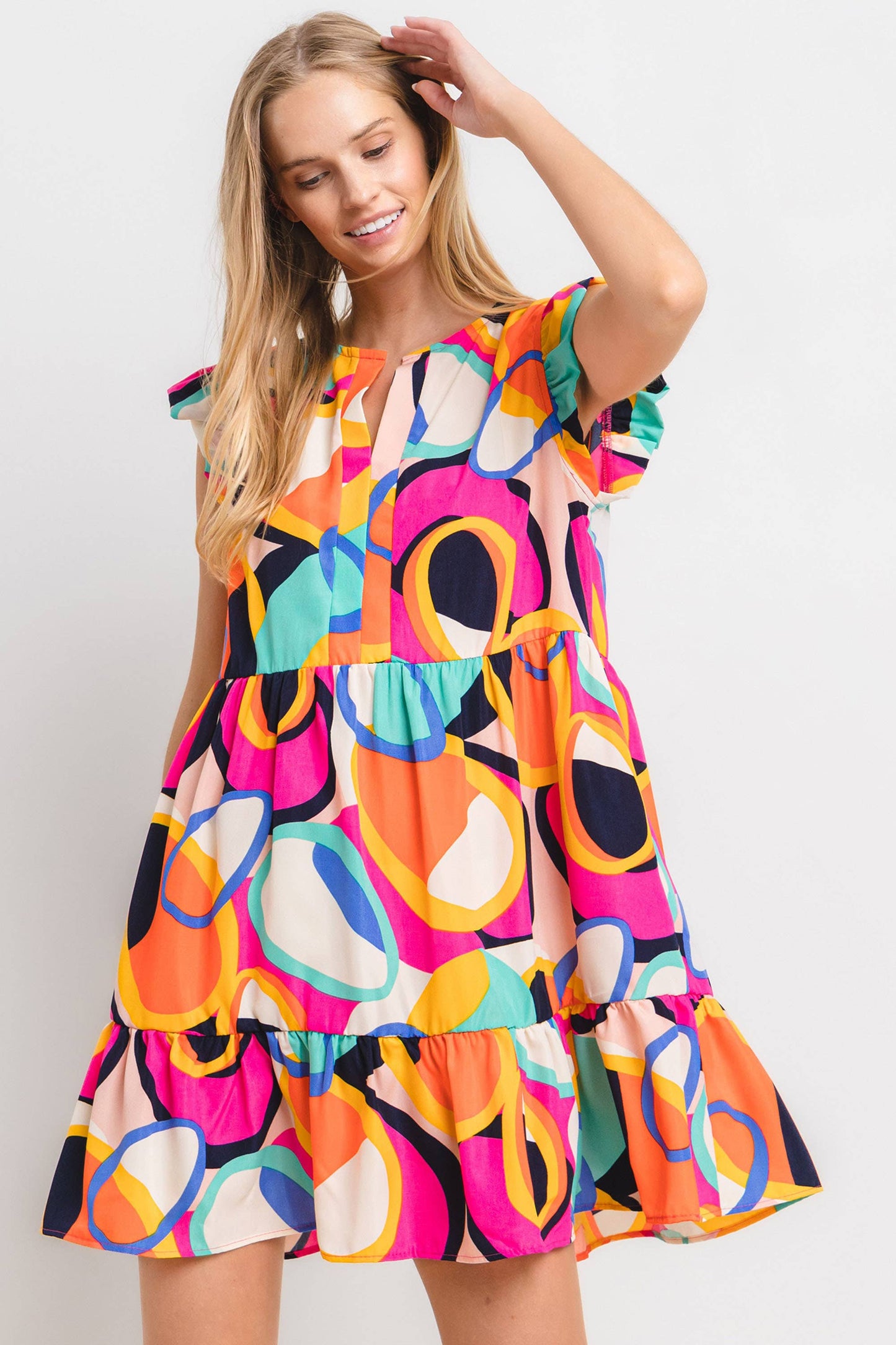 Ces Femme - Geometric Print Tiered Mini Dress / DLU51342PA: S-M-L (2-2-2) / FUCHSIA MULTI