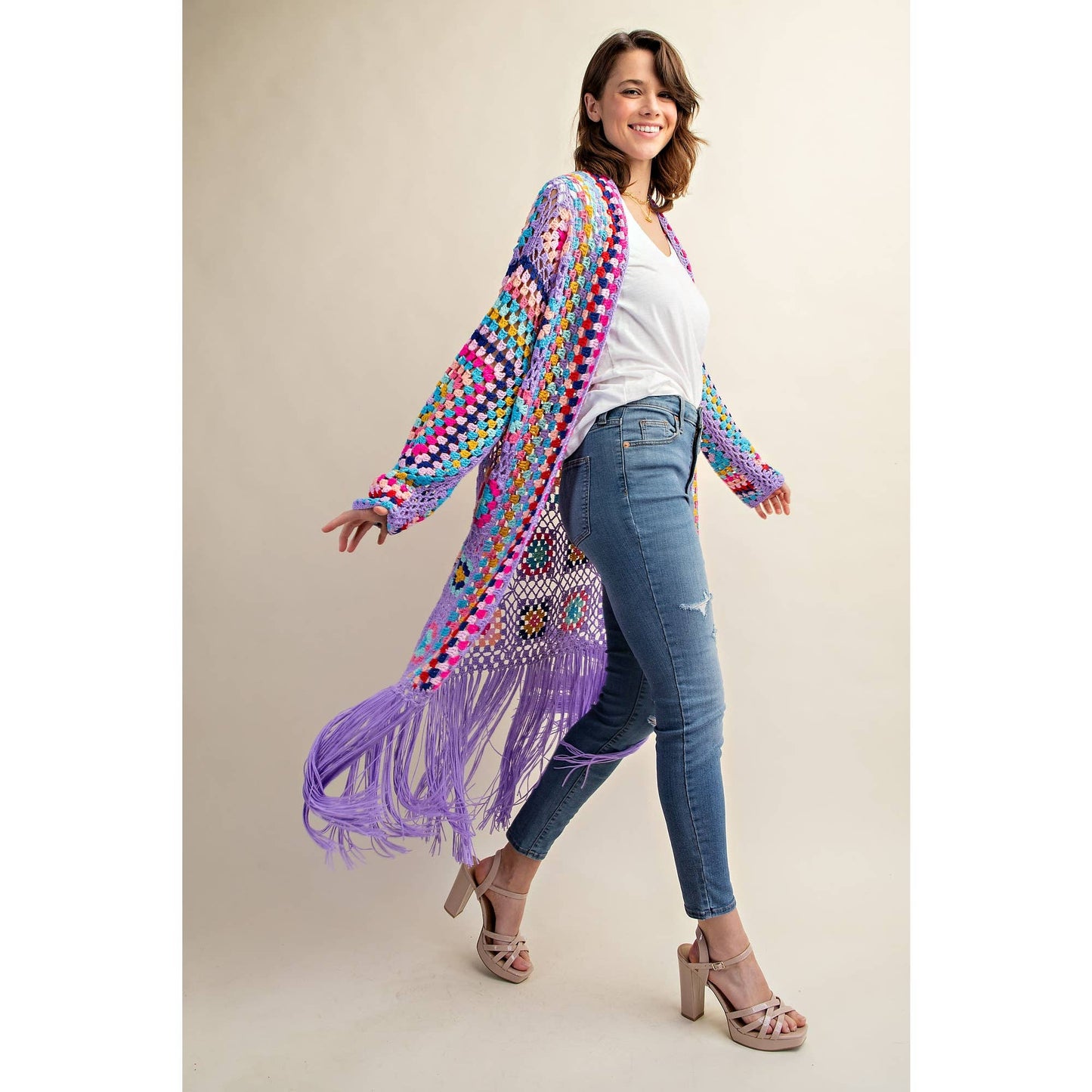 Sweet Generis - COLORFUL CROCHET FRINGE CARDIGAN DUSTER: Lavender