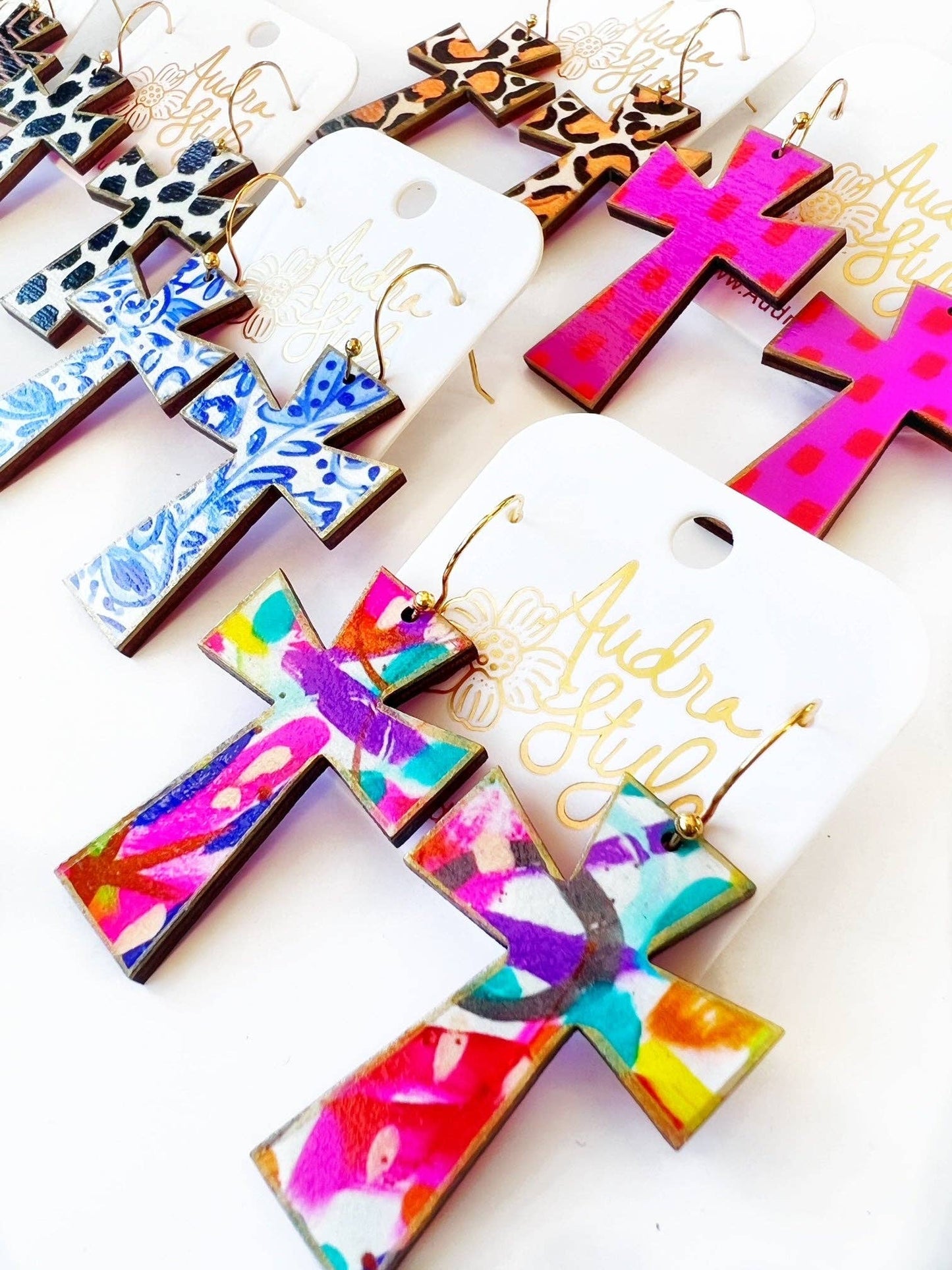 Audra Style - Cross Dangle Earring- Abstract Print-Religious