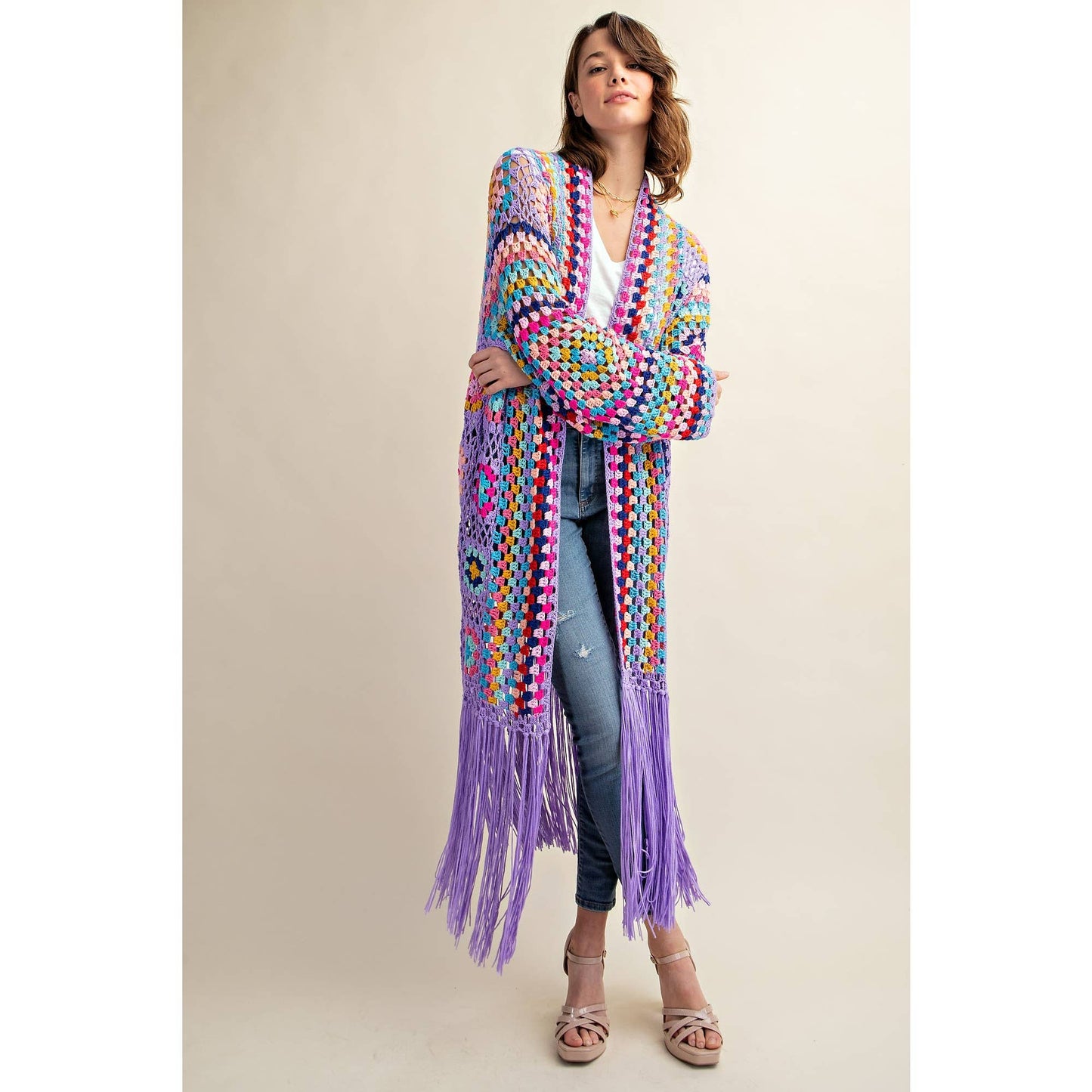 Sweet Generis - COLORFUL CROCHET FRINGE CARDIGAN DUSTER: Lavender