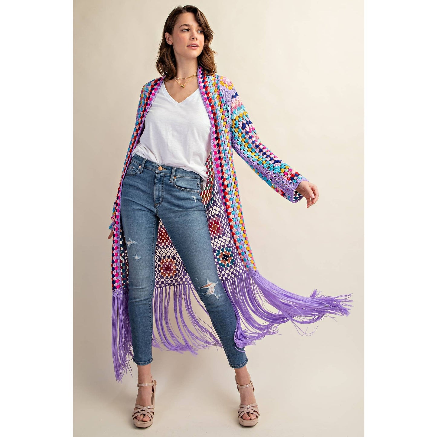 Sweet Generis - COLORFUL CROCHET FRINGE CARDIGAN DUSTER: Lavender