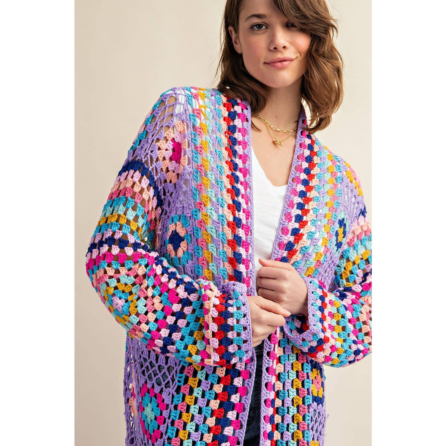 Sweet Generis - COLORFUL CROCHET FRINGE CARDIGAN DUSTER: Lavender