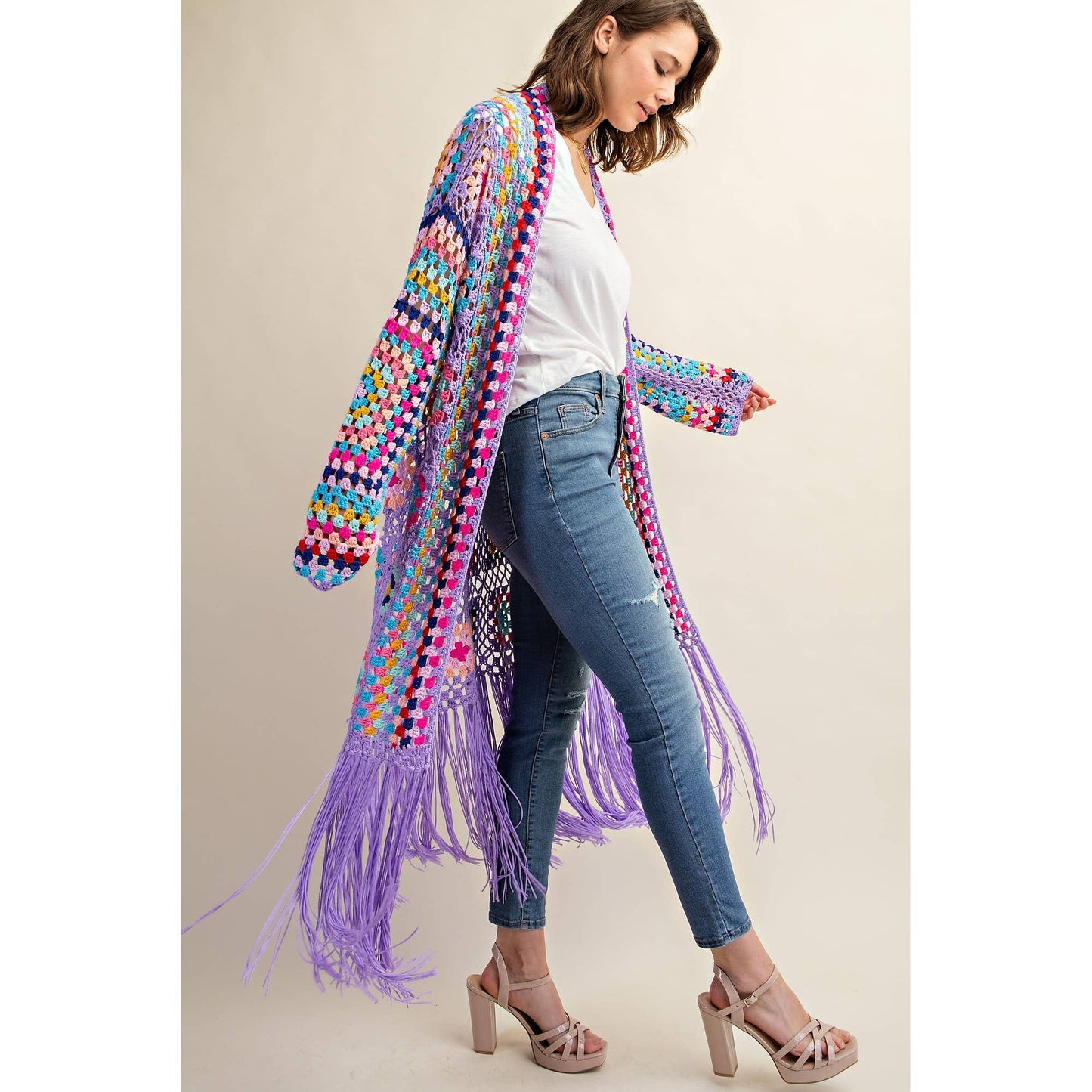 Sweet Generis - COLORFUL CROCHET FRINGE CARDIGAN DUSTER: Lavender