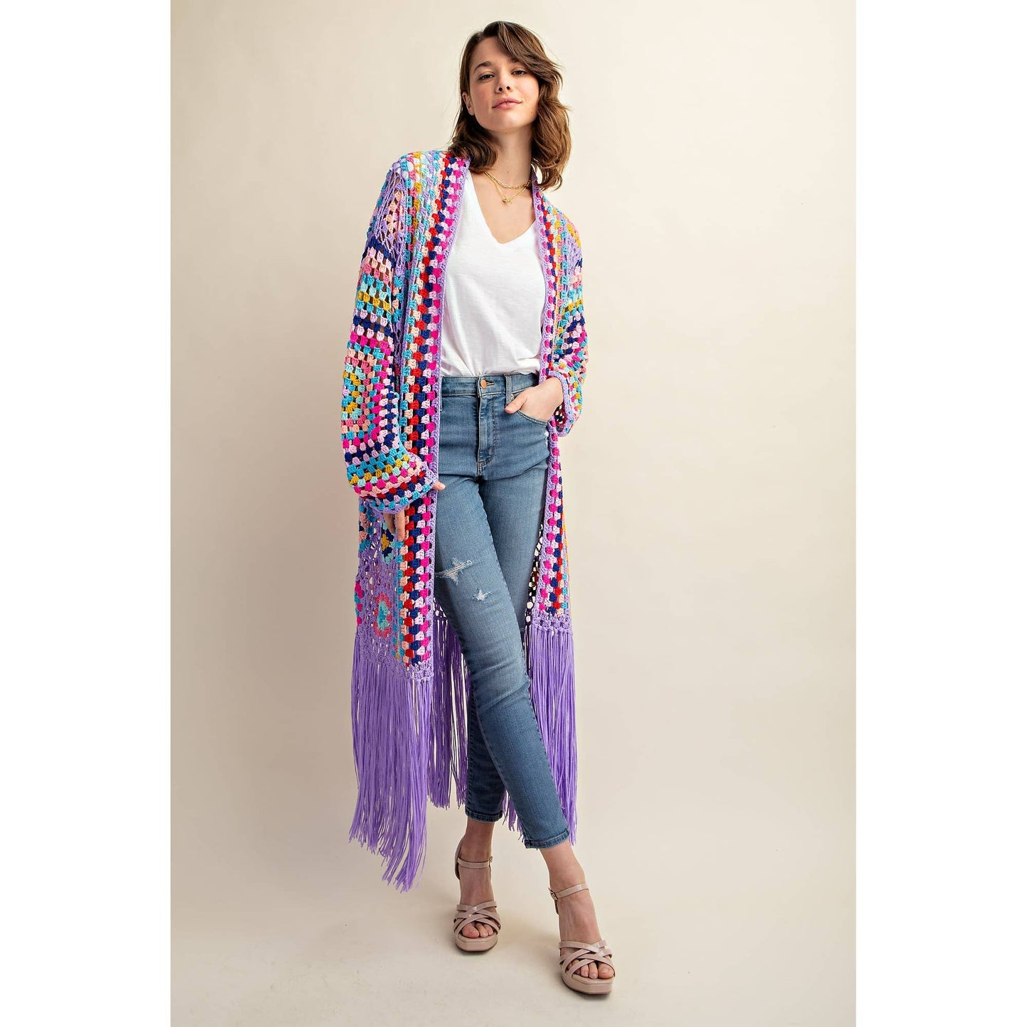 Sweet Generis - COLORFUL CROCHET FRINGE CARDIGAN DUSTER: Lavender