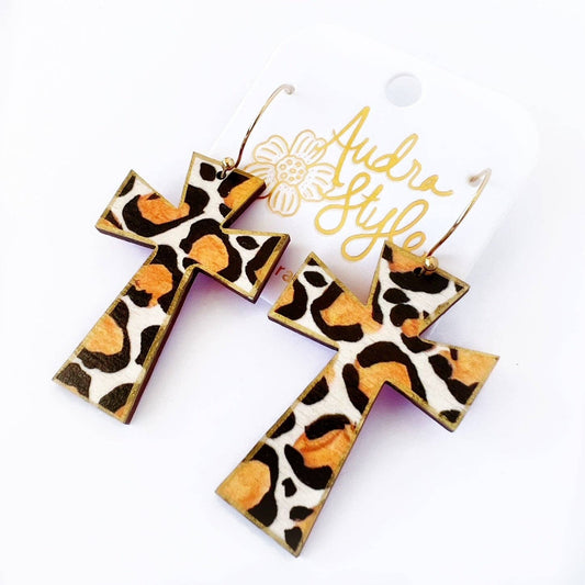 Audra Style - Cross Dangle Earring- Leopard Print-Religious