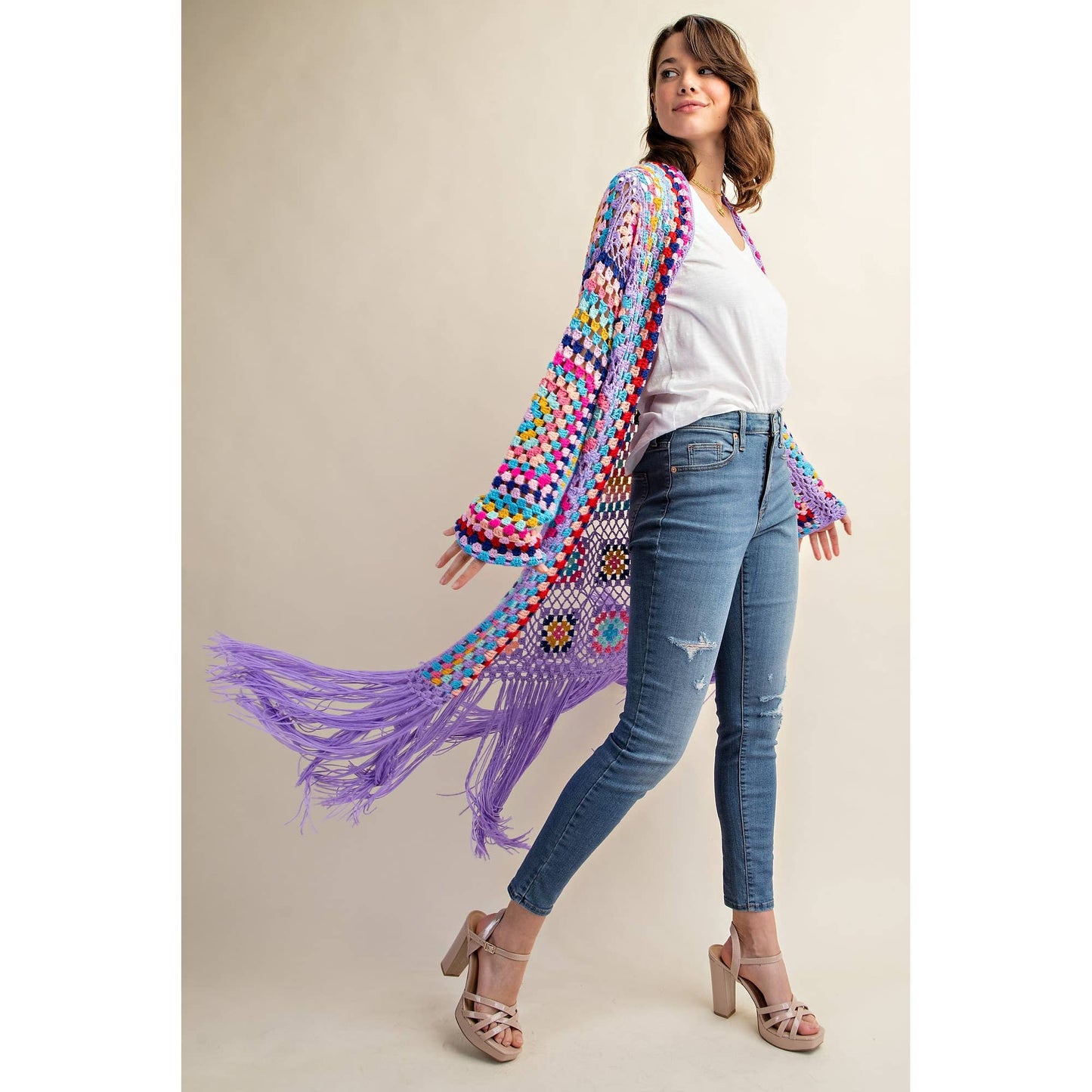 Sweet Generis - COLORFUL CROCHET FRINGE CARDIGAN DUSTER: Lavender