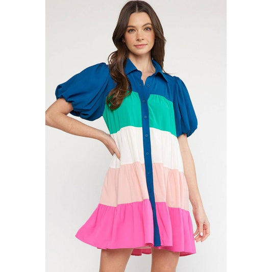 STYLE USA - Collared button up puff sleeve mini dress