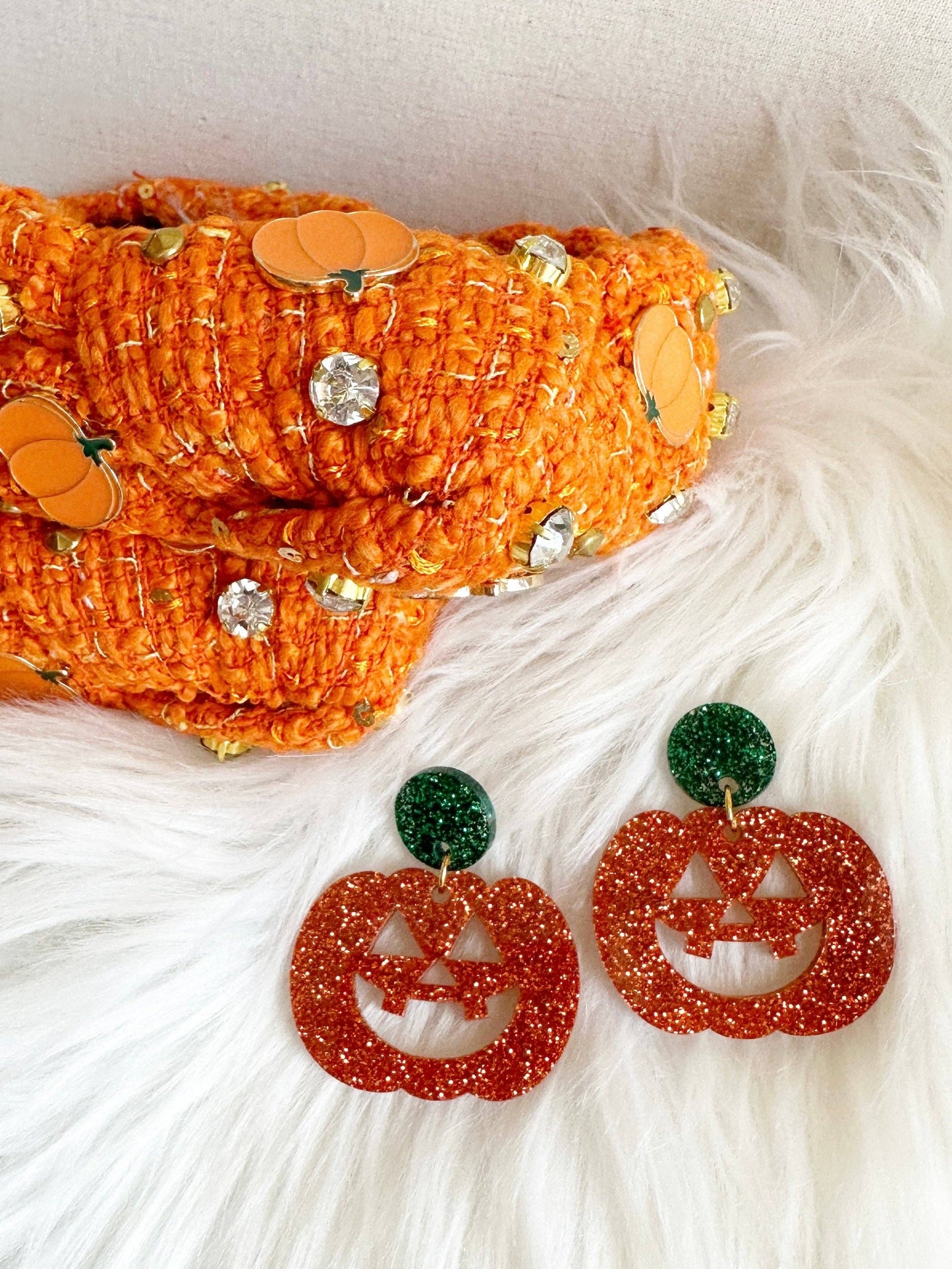 Sandy + Rizzo - Jack-o-lantern glitter earrings